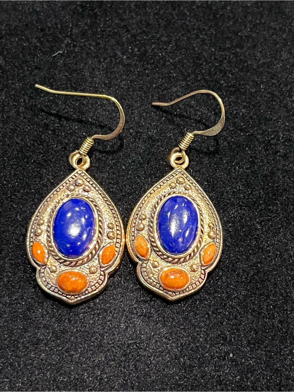 Vintage Brass Lapis Earring and Pendant Set - Picture 4 of 7